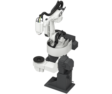 Welding robot with spindle and swiveling rotary table